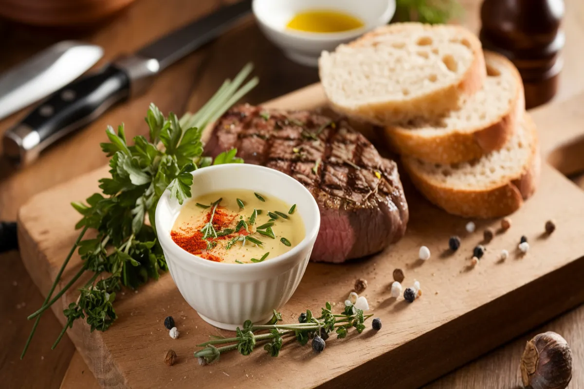 Bowl of cowboy butter sauce with fresh herbs and spices, perfect for pairing with grilled meats and veggies