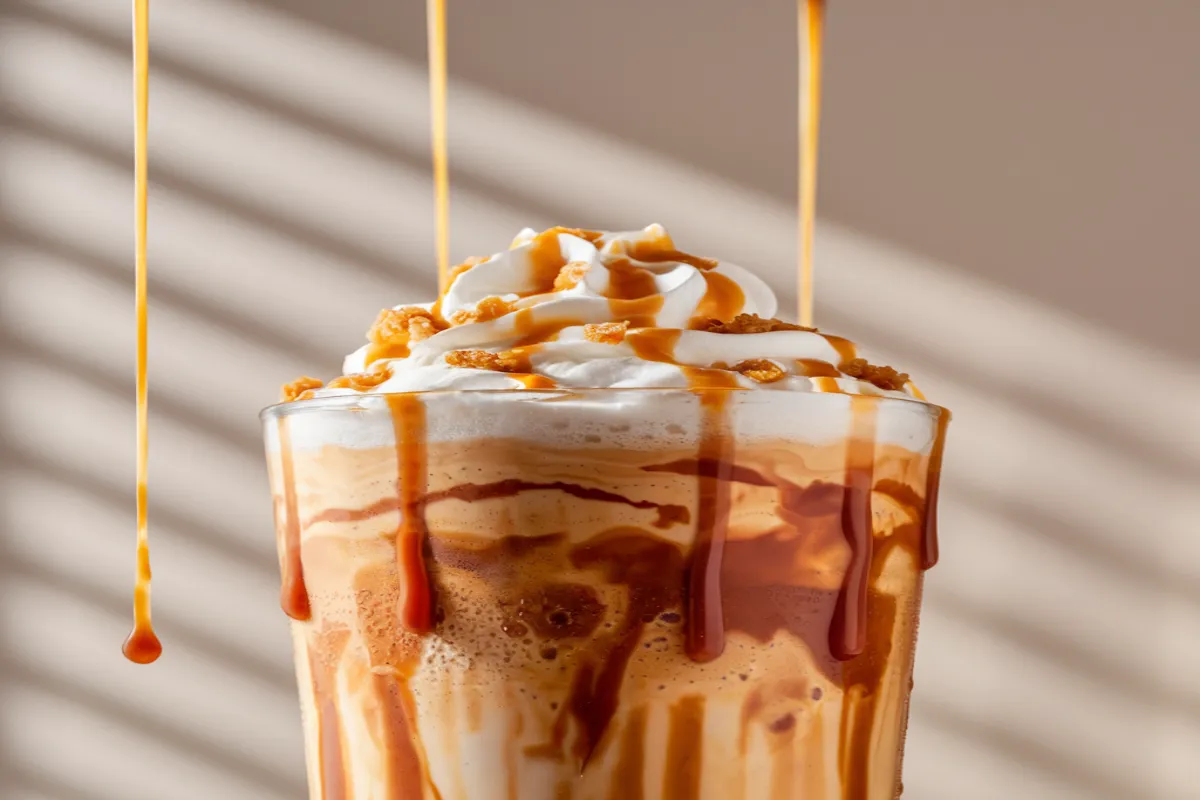 Caramel Ribbon Crunch Frappuccino topped with whipped cream and caramel drizzle