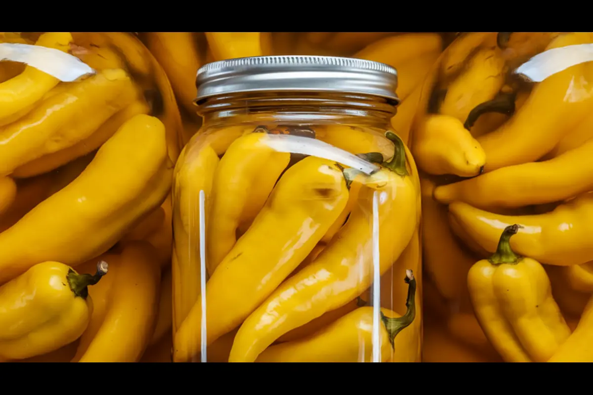  pickled banana peppers on a wooden kitchen table