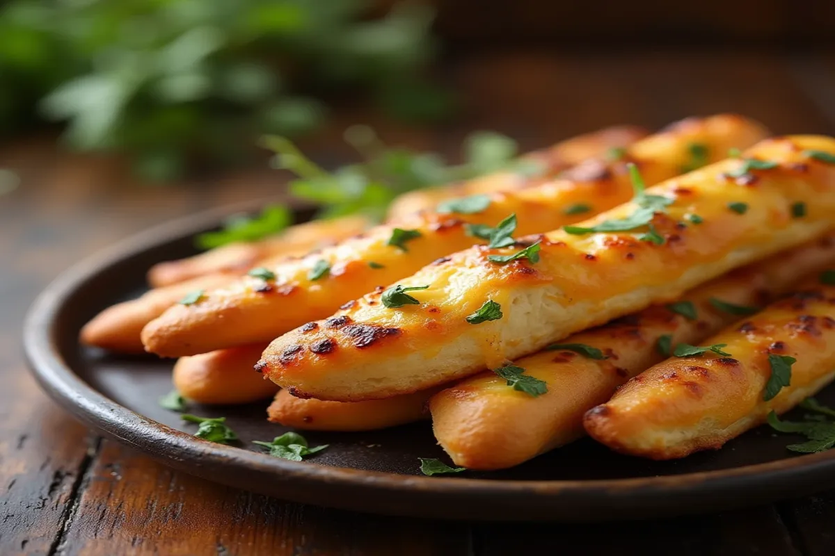 Freshly baked cheesy breadsticks with melted mozzarella