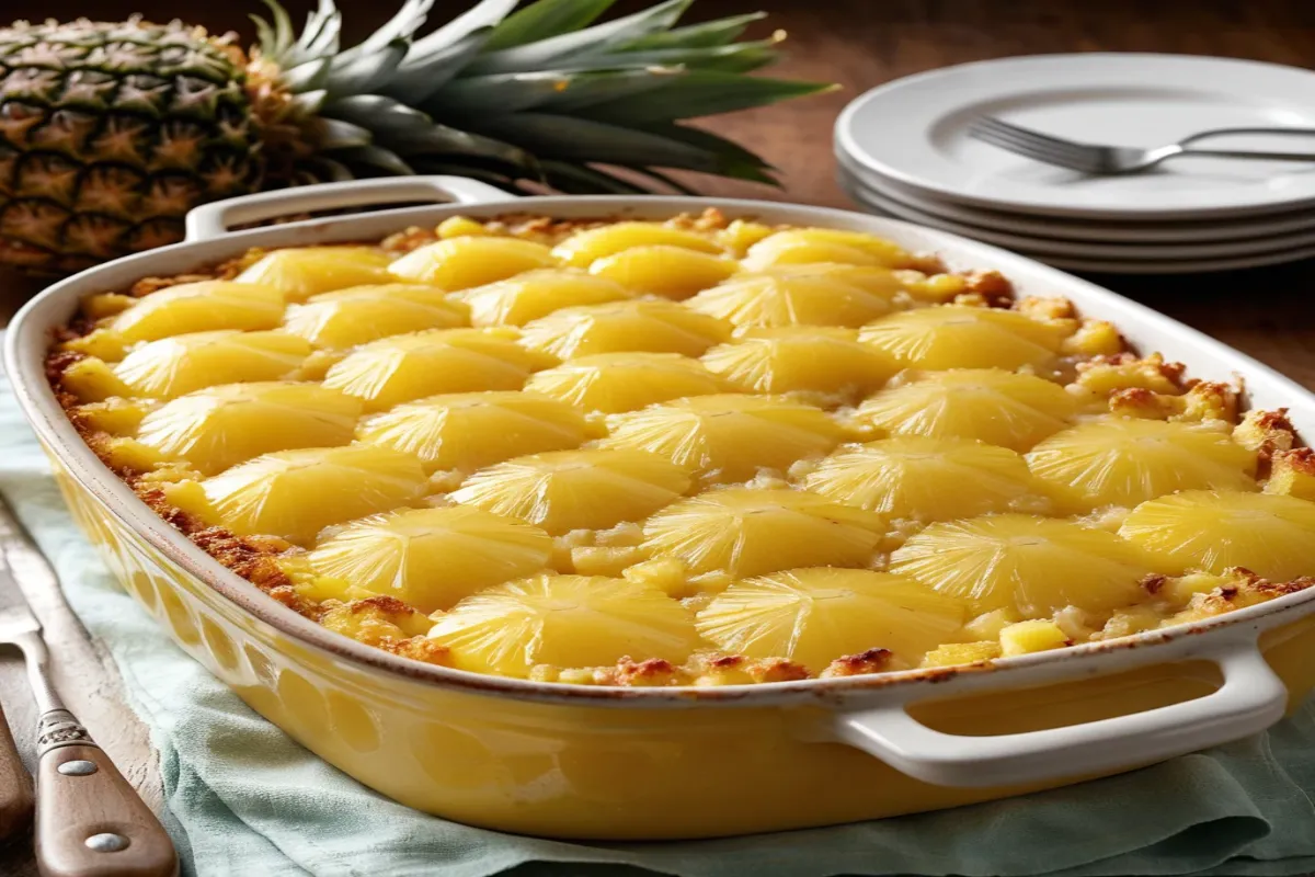 Pineapple casserole topped with buttery Ritz crackers