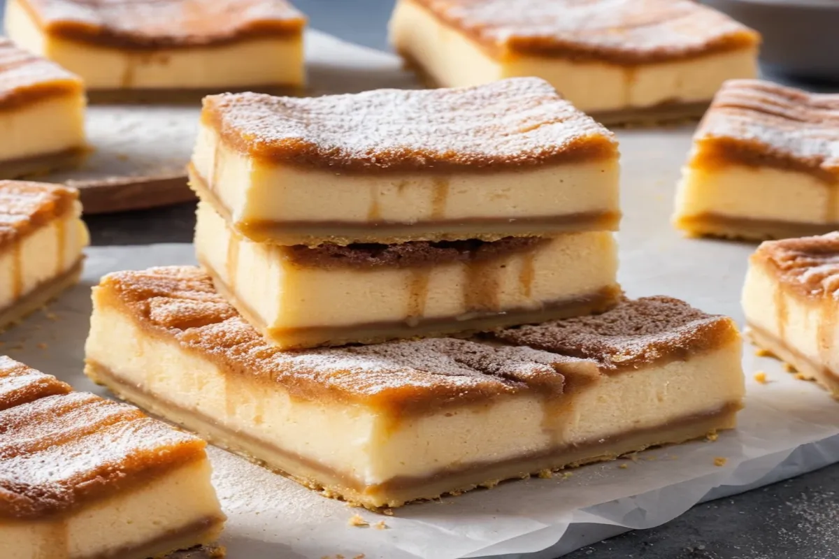 Churro cheesecake bars with a golden cinnamon sugar topping