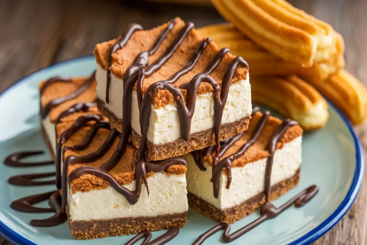 Churro cheesecake bars with a golden cinnamon sugar topping