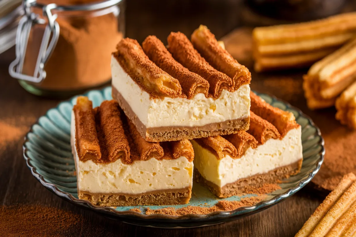 Churro cheesecake bars with a golden cinnamon sugar topping