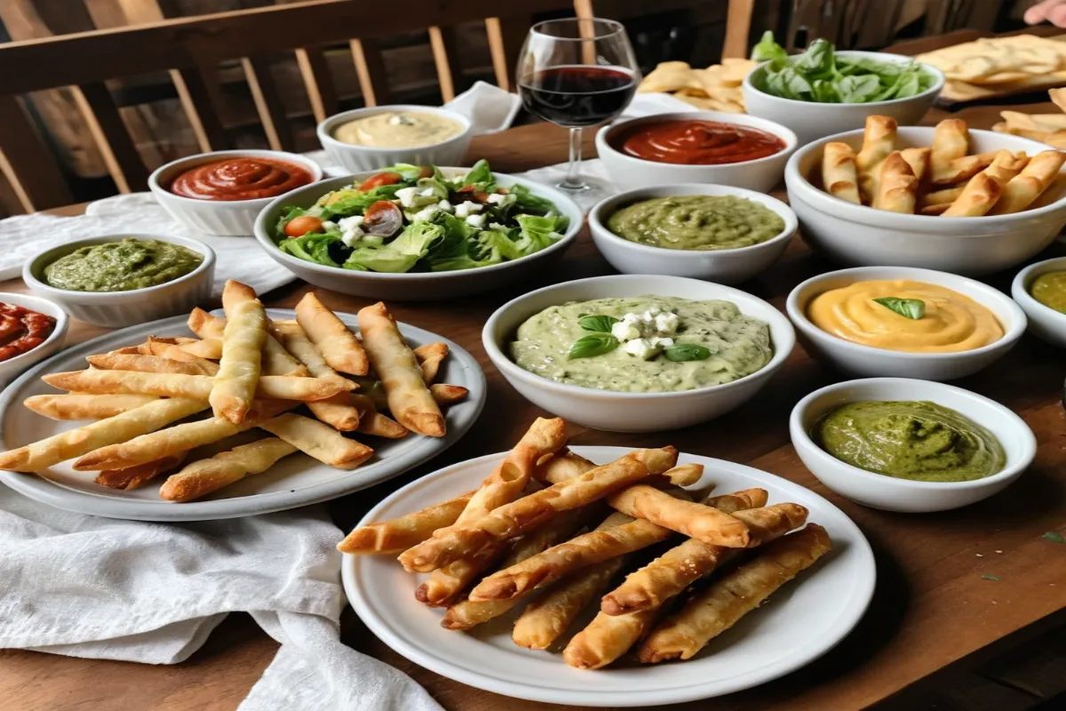 Freshly baked cheese breadsticks served with marinara sauce, garlic butter, and a fresh salad.