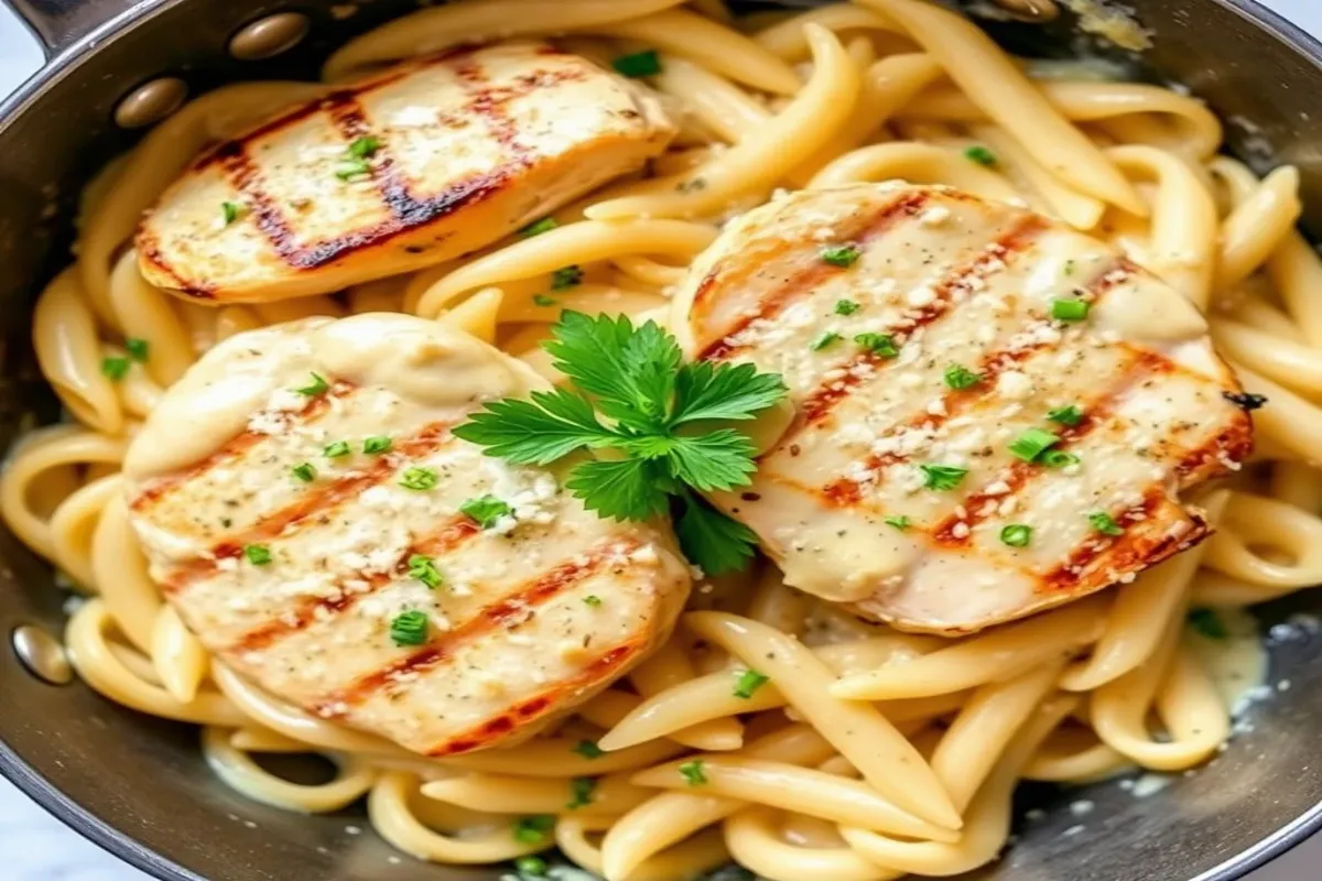 Creamy garlic Parmesan chicken pasta garnished with fresh parsley