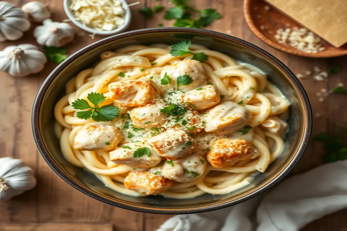 Creamy garlic Parmesan chicken pasta garnished with fresh parsley