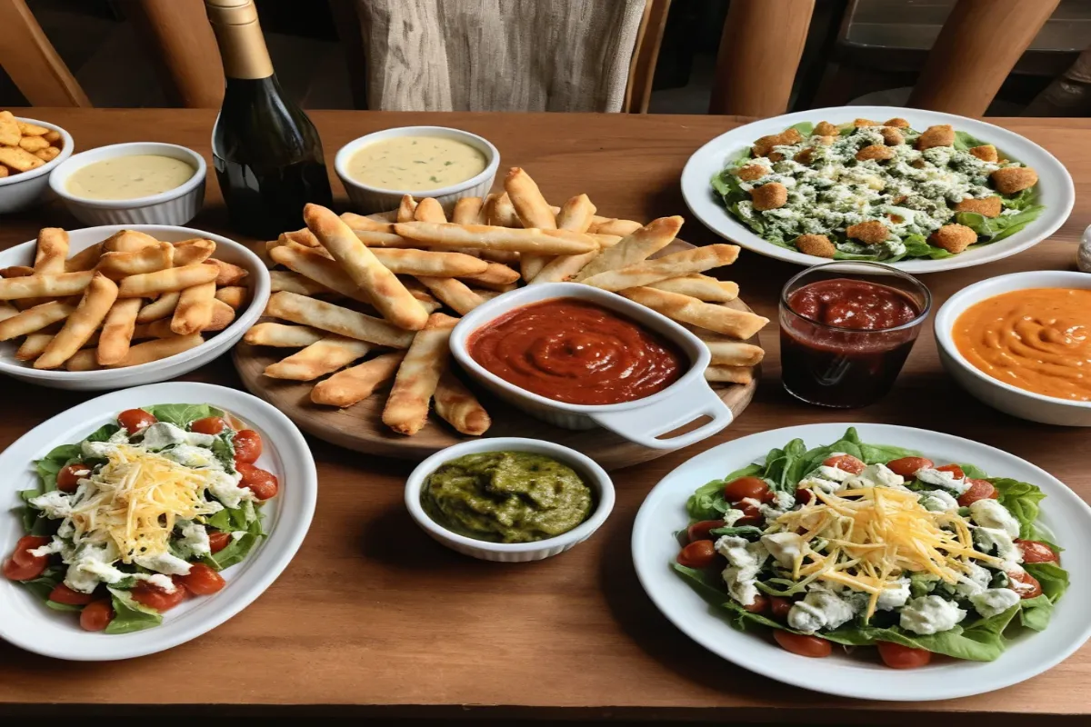 Freshly baked cheese breadsticks served with marinara sauce, garlic butter, and a fresh salad.