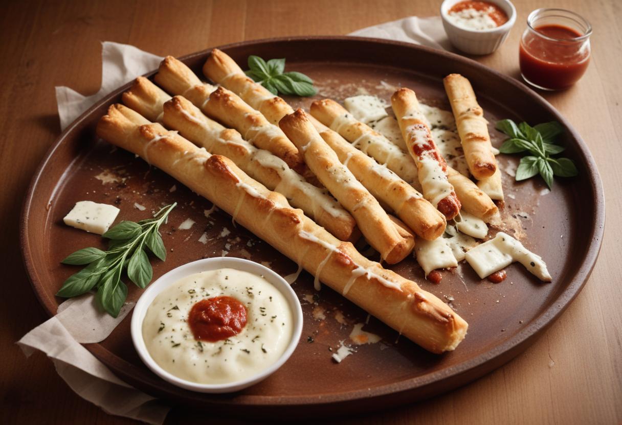 Freshly baked cheesy breadsticks on a tray