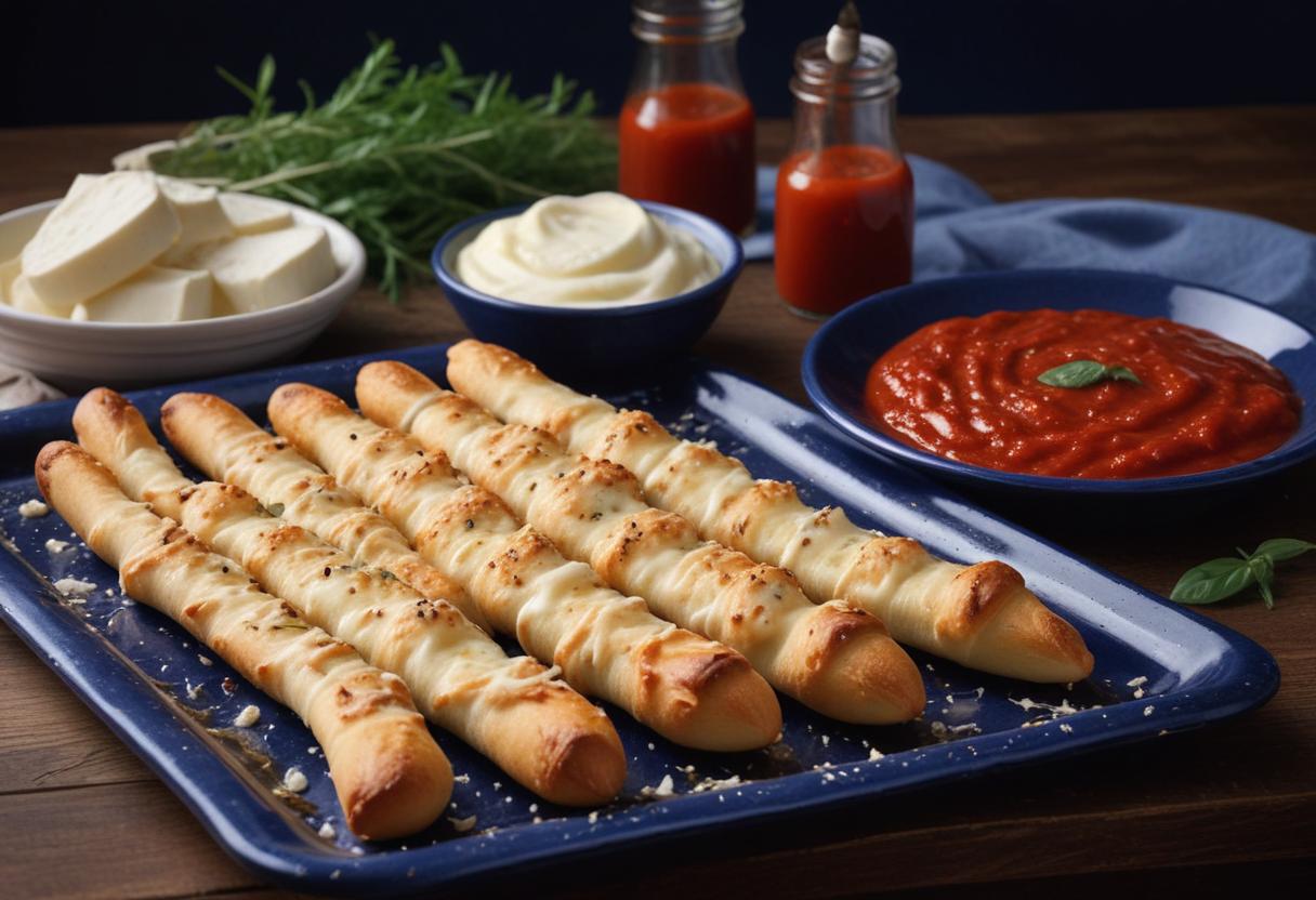 Freshly baked cheesy breadsticks on a tray