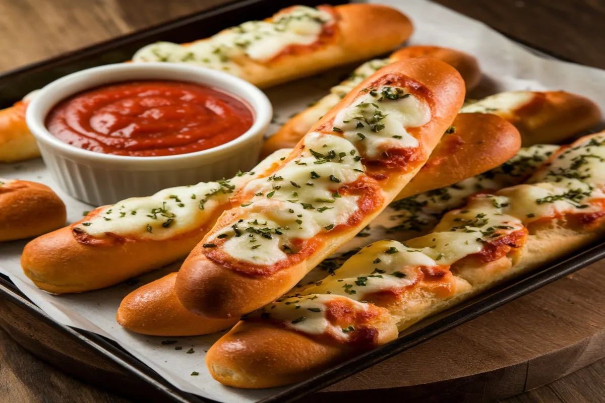 Freshly baked cheesy breadsticks on a tray