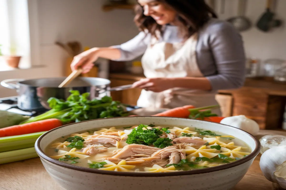 Bowl of Italian Penicillin Soup with chicken and pastina