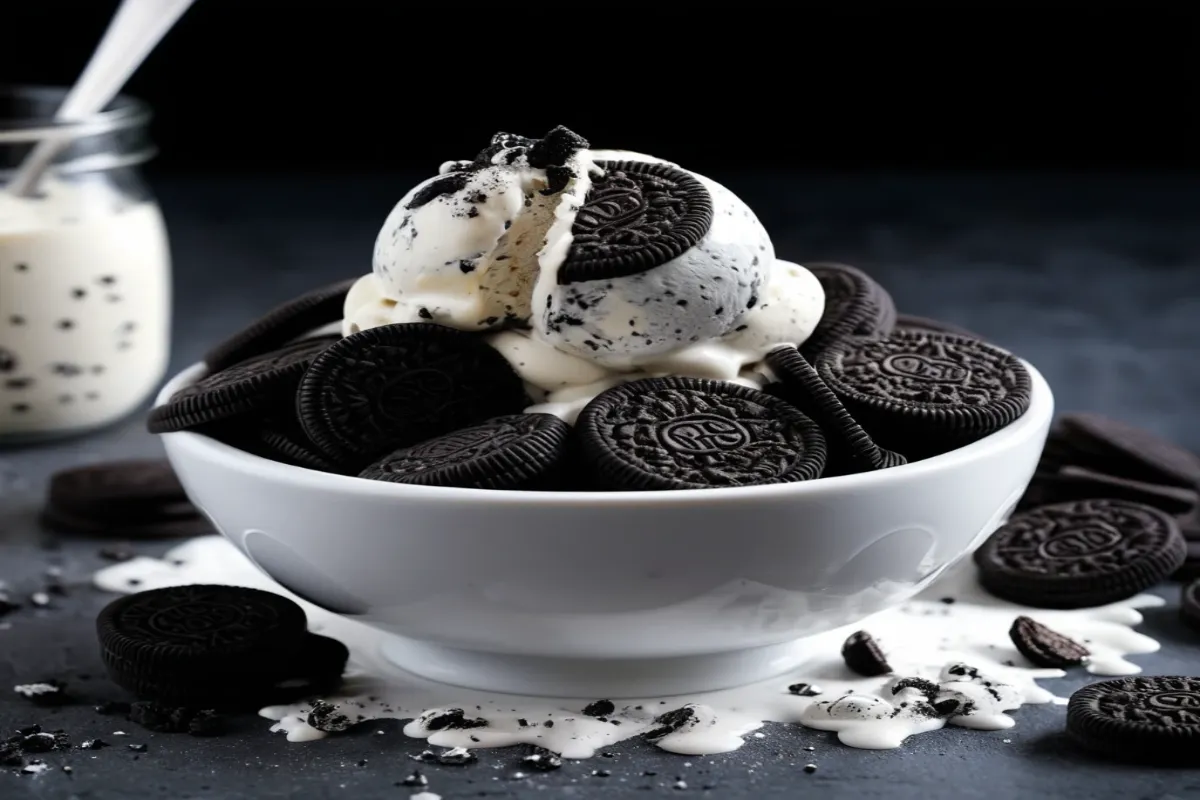 A bowl of creamy Oreo ice cream with crushed Oreos on top