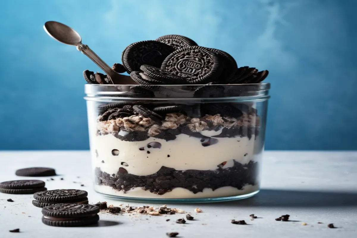 A bowl of creamy Oreo ice cream with crushed Oreos on top