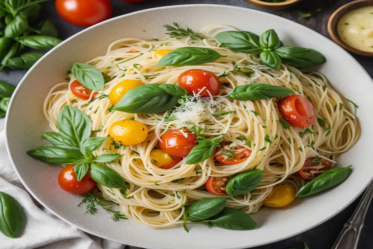 Capellini pasta with fresh vegetables and herbs