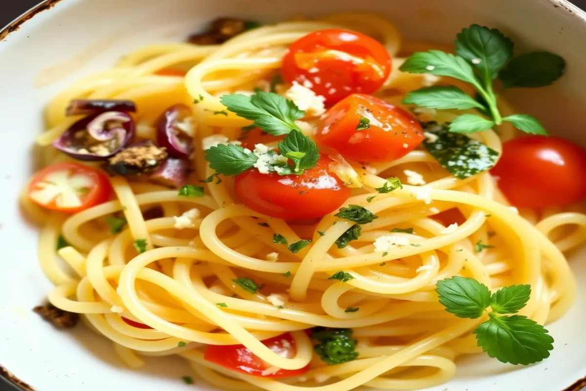 Capellini pasta with fresh vegetables and herbs