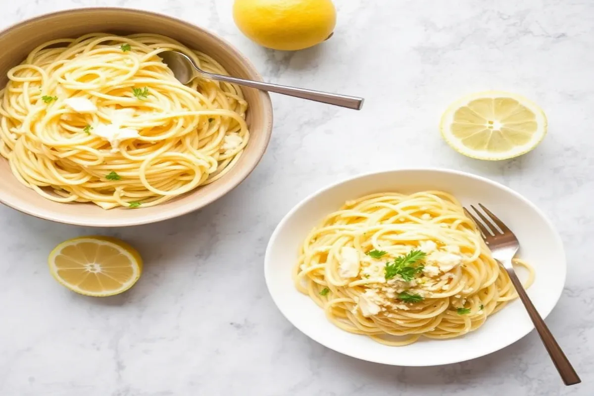 Fresh lemon capellini pasta served with herbs and lemon zest