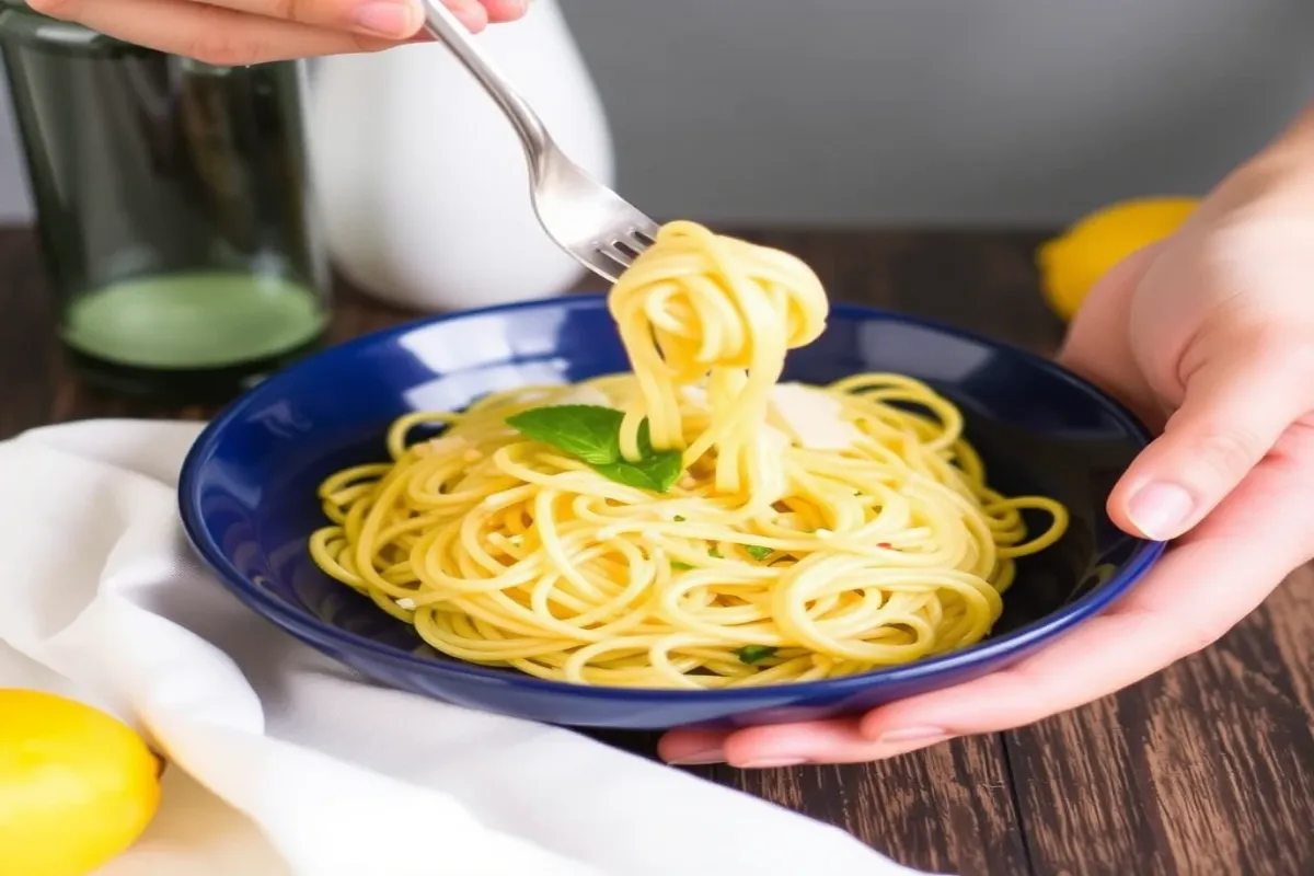 Fresh lemon capellini pasta served with herbs and lemon zest