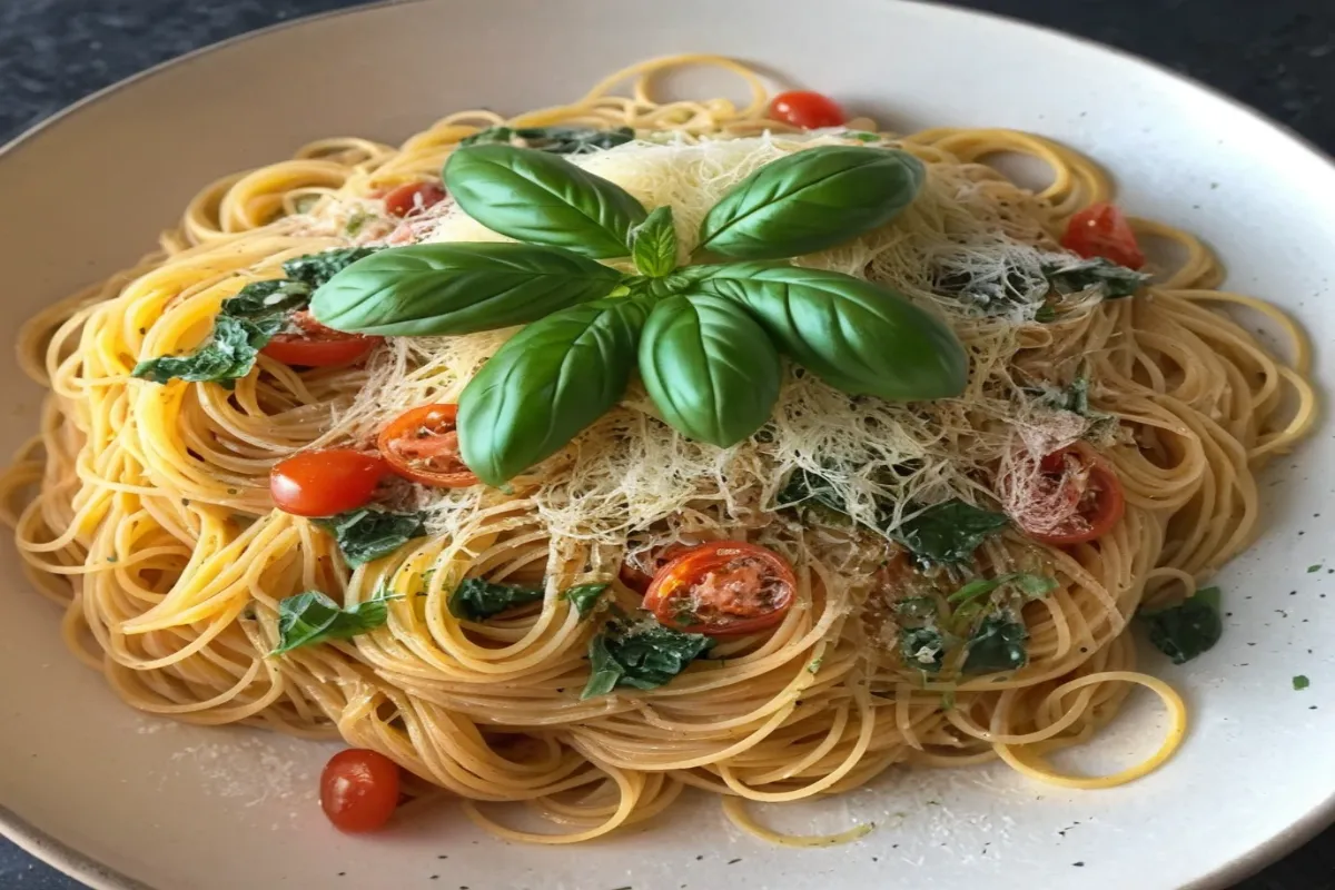 Capellini pasta with fresh vegetables and herbs