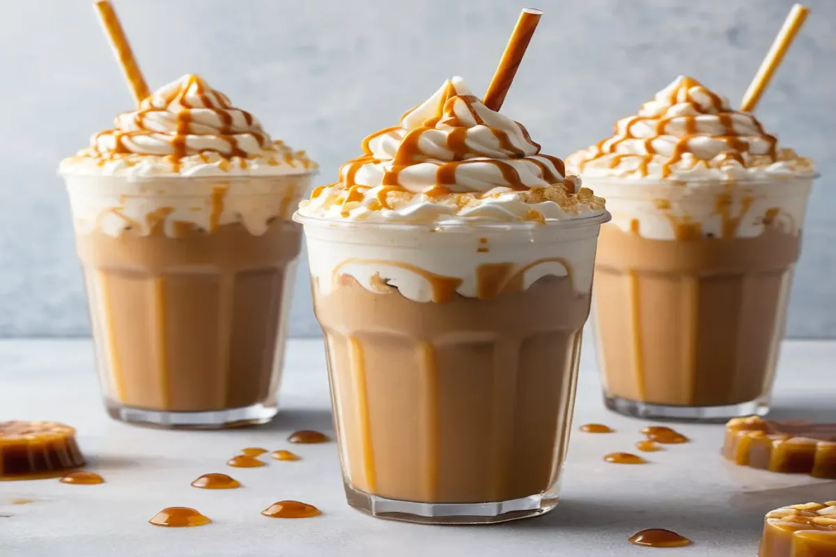 Caramel Ribbon Crunch Frappuccino topped with whipped cream and caramel drizzle