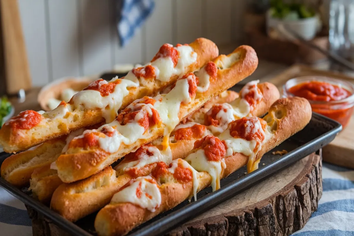 Freshly baked cheesy breadsticks with melted mozzarella