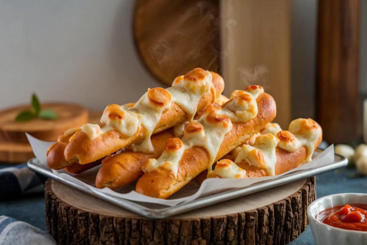 Freshly baked cheesy breadsticks with melted mozzarella