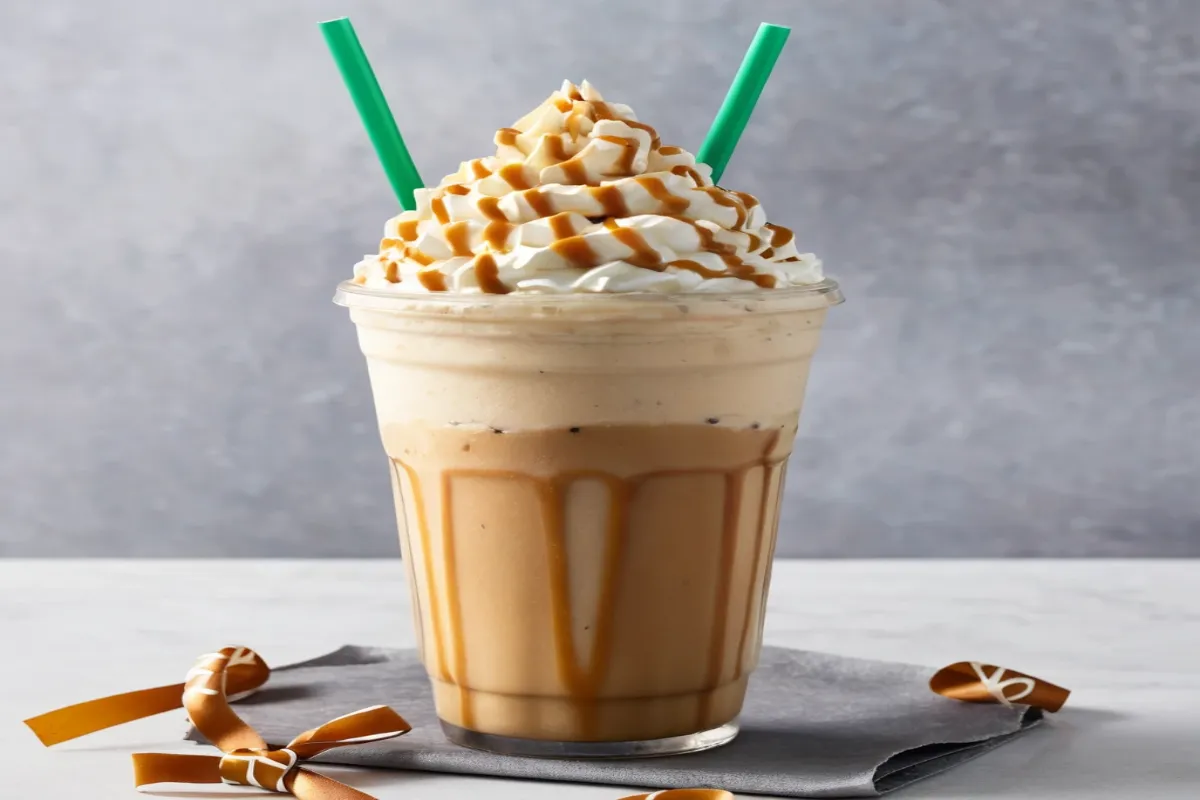 Caramel Ribbon Crunch Frappuccino topped with whipped cream and caramel drizzle