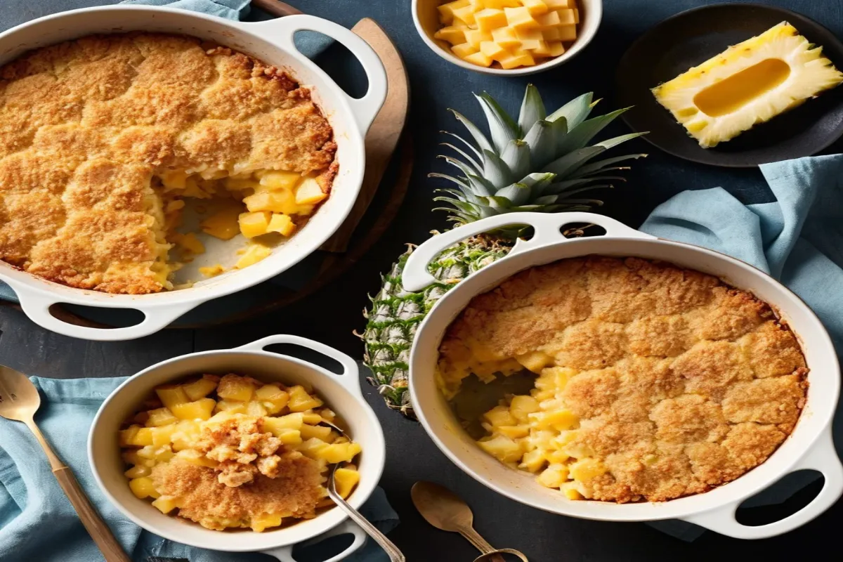 Pineapple casserole topped with buttery Ritz crackers