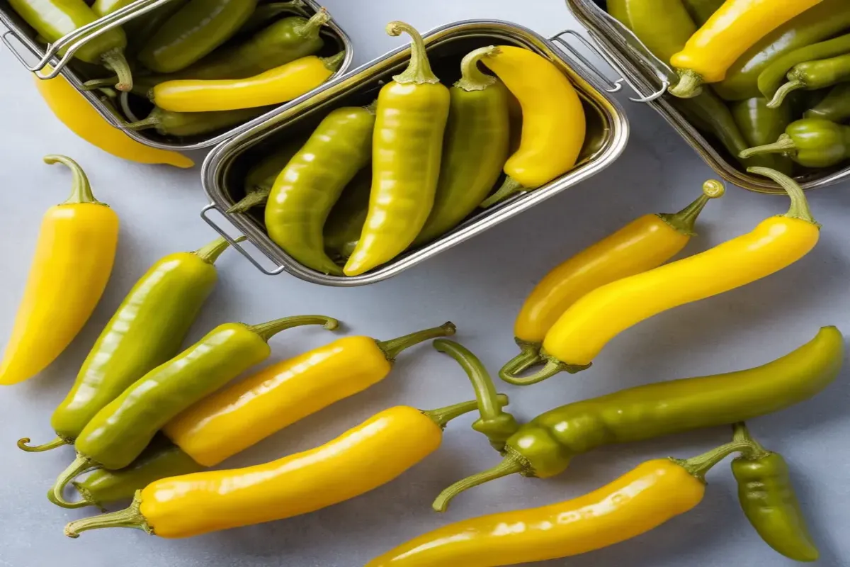  pickled banana peppers on a wooden kitchen table