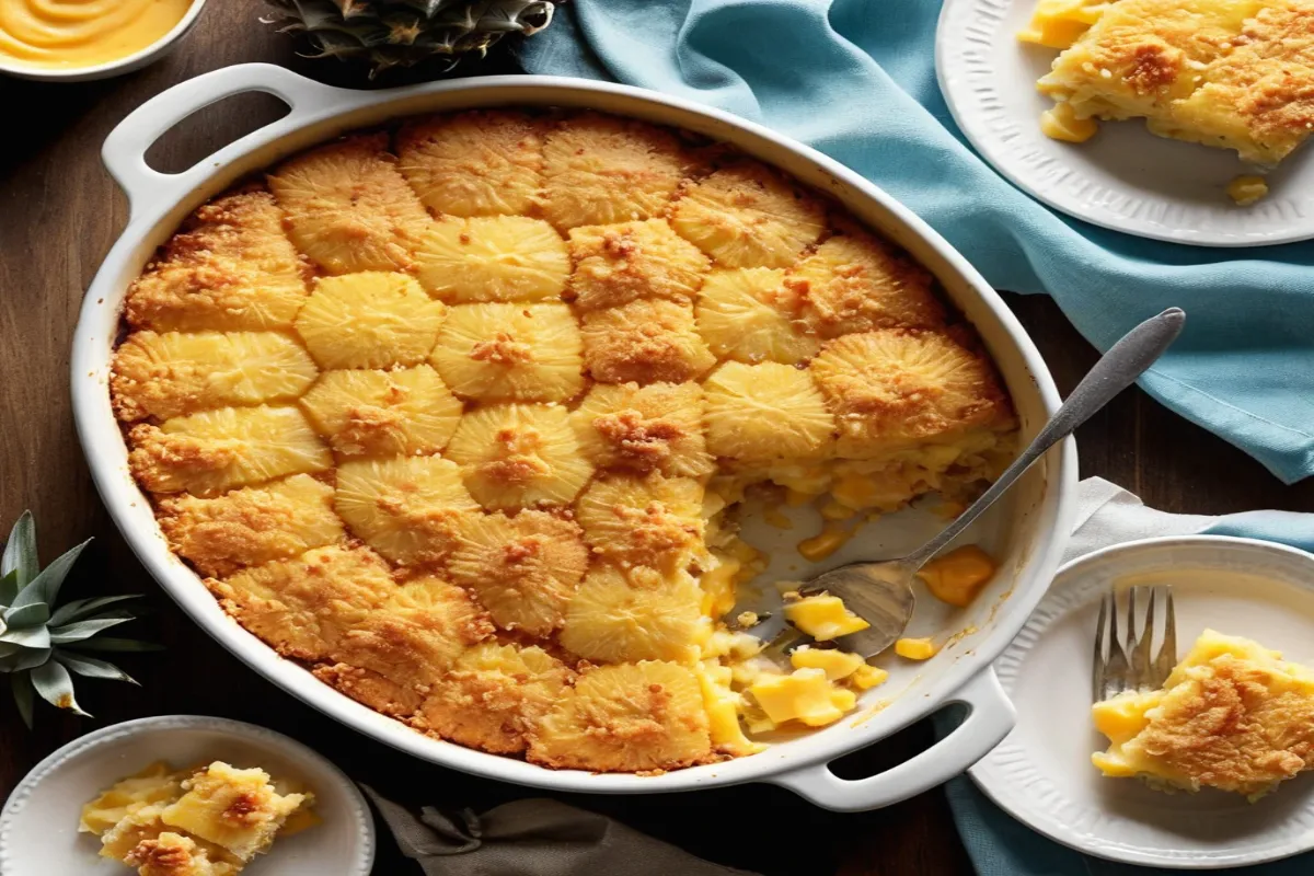 Pineapple casserole topped with buttery Ritz crackers