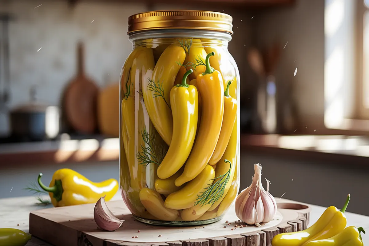 ars of pickled banana peppers on a wooden kitchen table