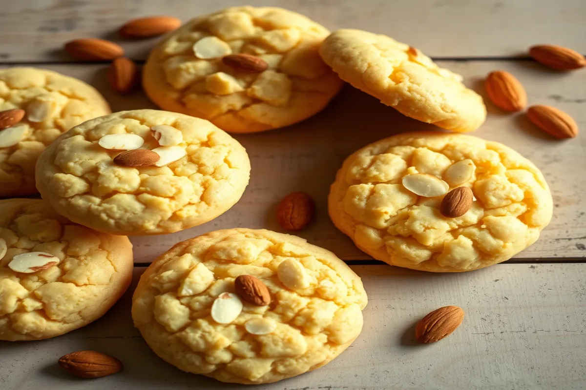 Crunchy almond cookies stacked with almond garnish