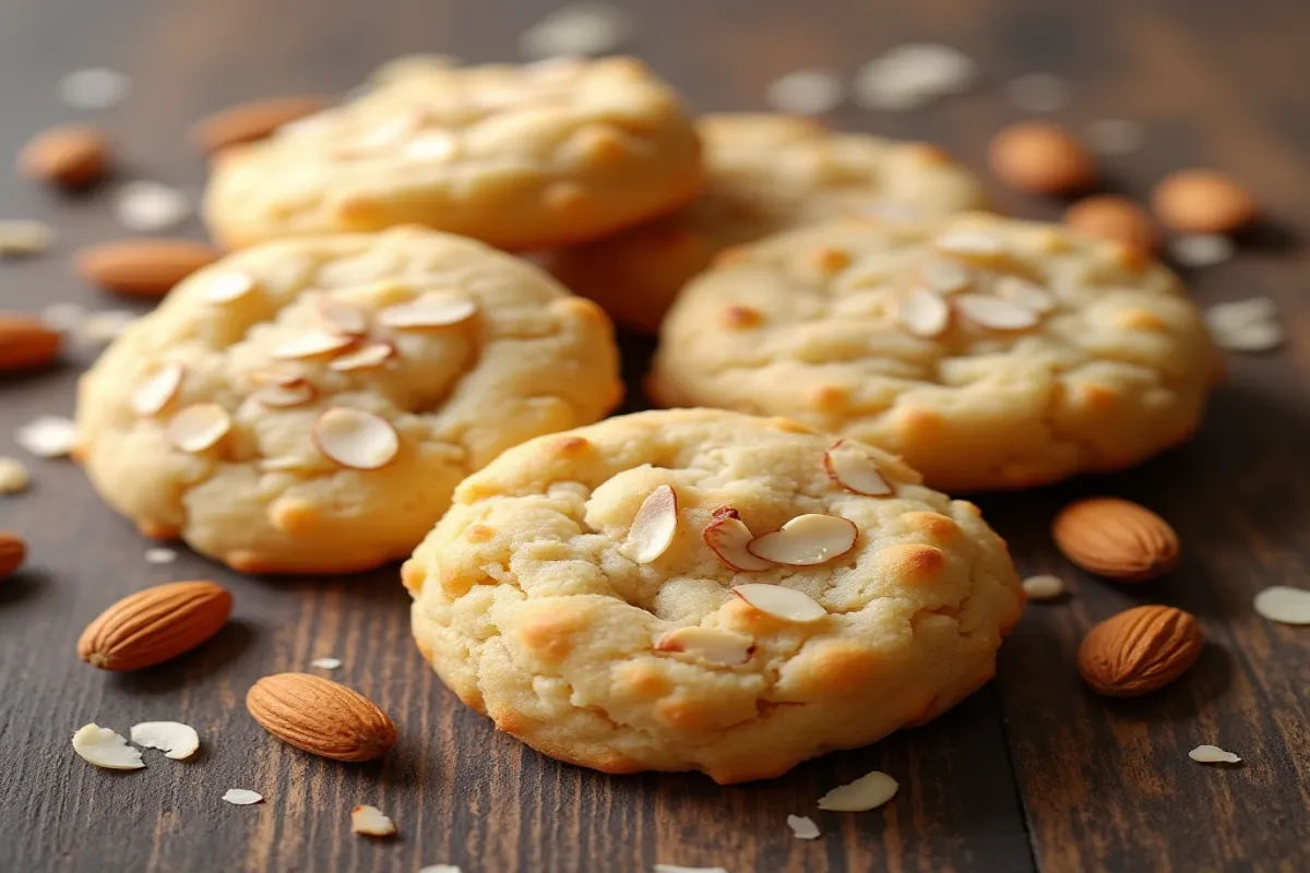 Crunchy almond cookies stacked with almond garnish