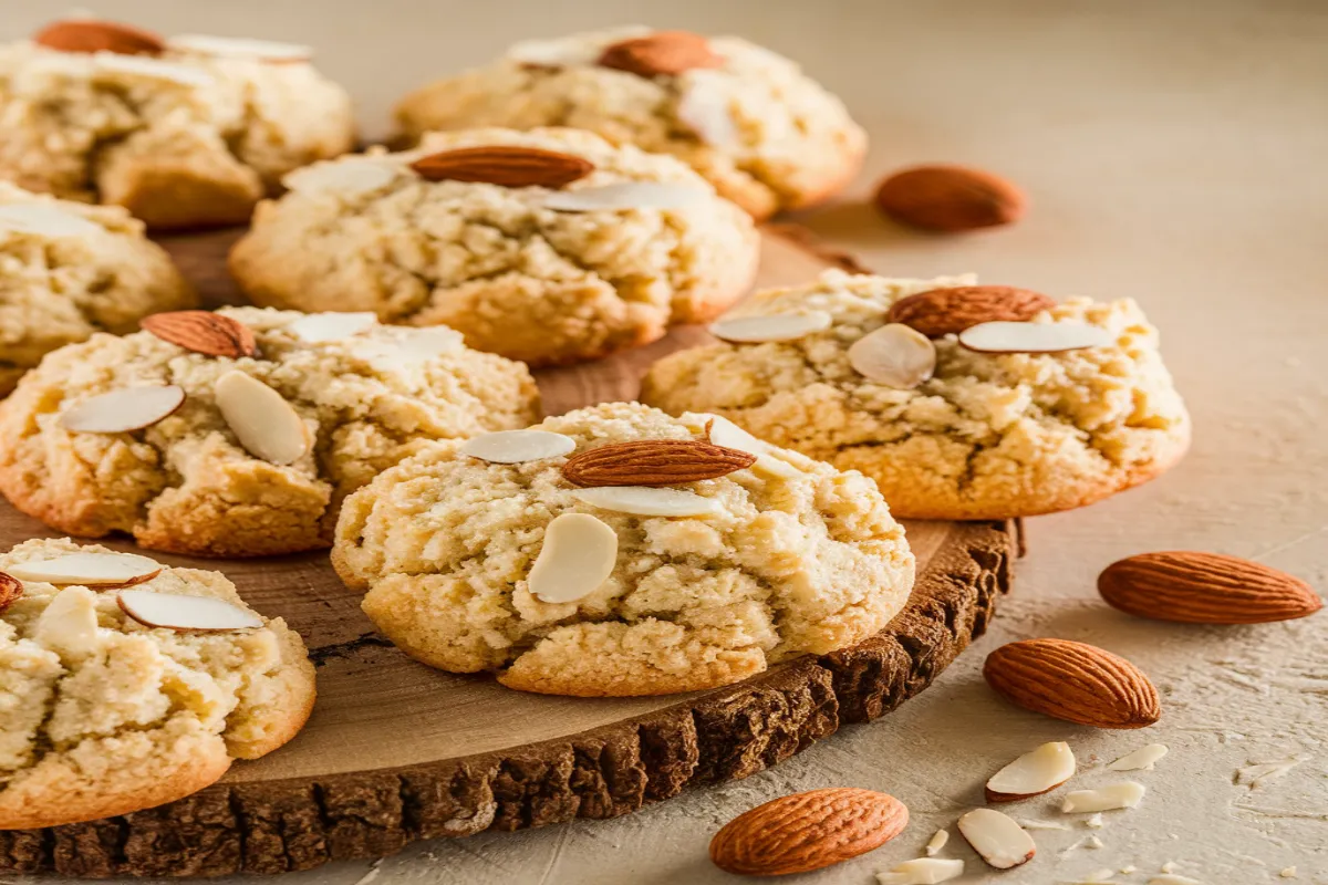 Crunchy almond cookies stacked with almond garnish