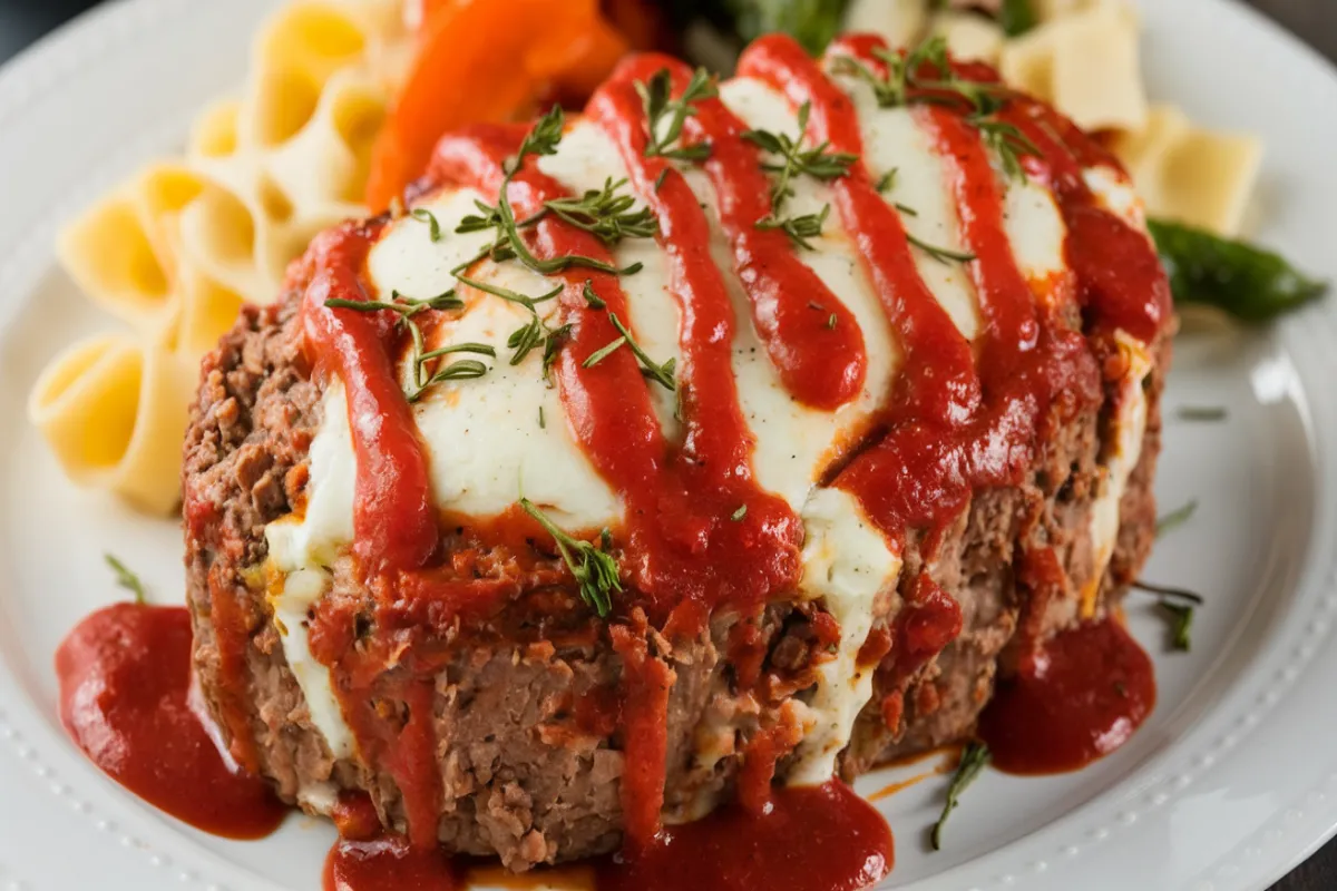 Sliced Italian meatloaf topped with marinara and melted mozzarella cheese