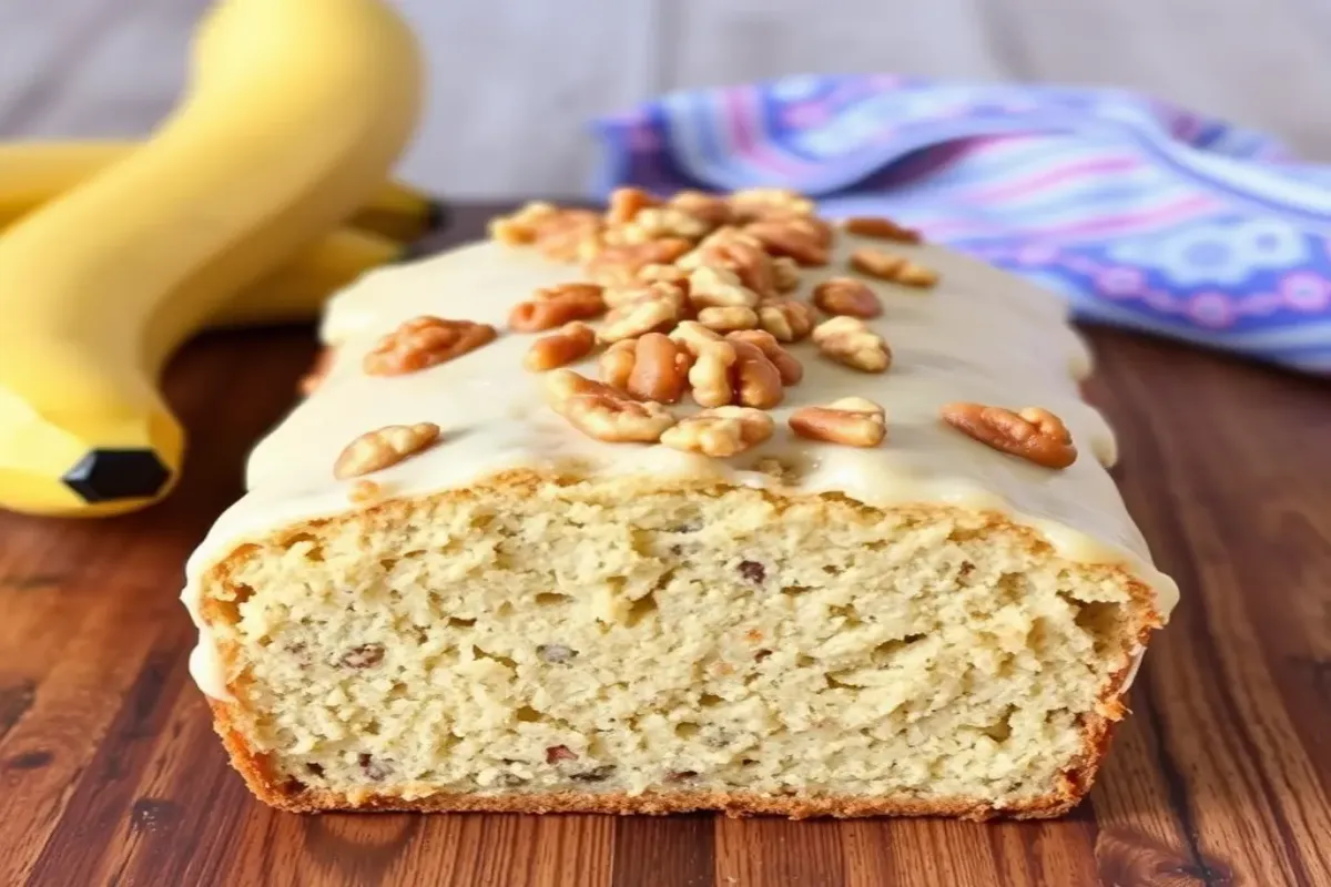 Banana bread made with cake mix topped with walnuts