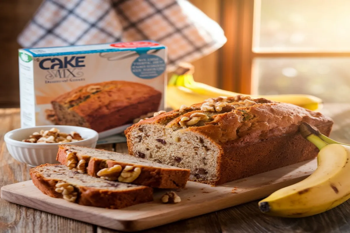 Banana bread made with cake mix topped with walnuts