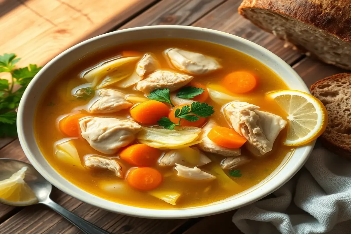 Bowl of hearty chicken and cabbage soup garnished with fresh parsley