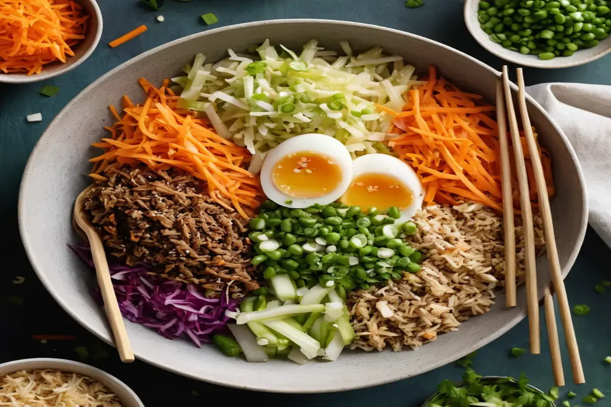 Egg roll in a bowl with cabbage and ground meat