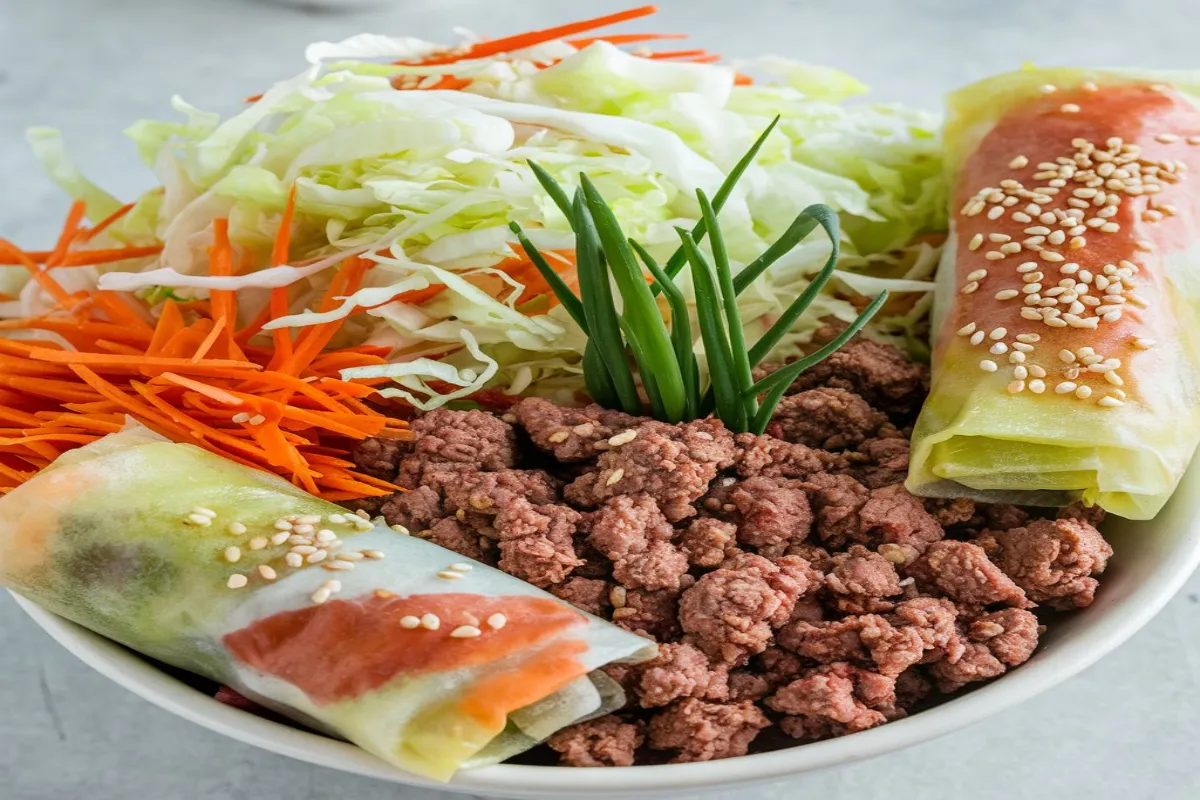 Egg roll in a bowl with cabbage and ground meat