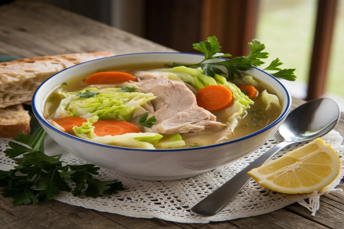 Bowl of hearty chicken and cabbage soup garnished with fresh parsley