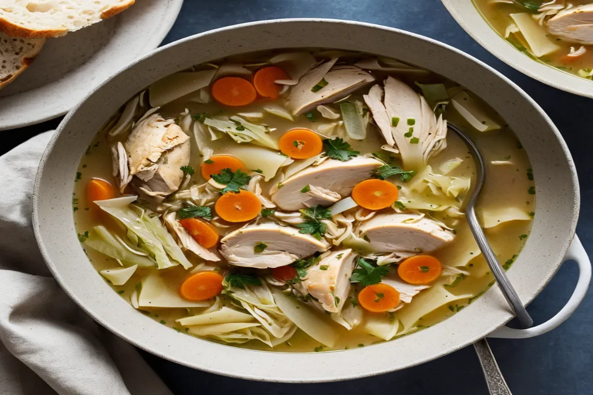 Bowl of hearty chicken and cabbage soup garnished with fresh parsley