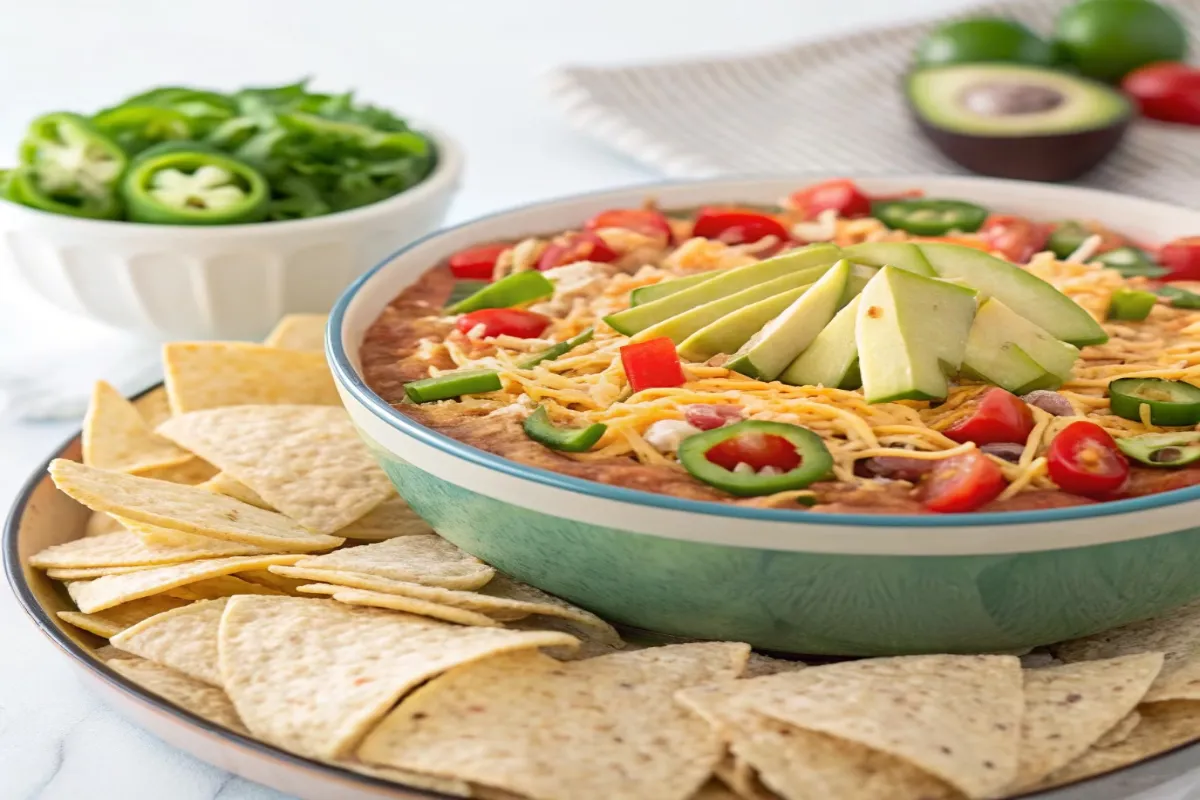 Colorful layers of taco dip topped with shredded cheese, diced tomatoes, and olives